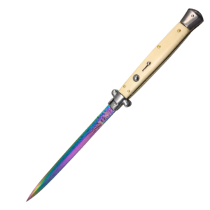 13 inch Italiaanse stiletto - ivoren handgreep en blad met regenboogpatroon