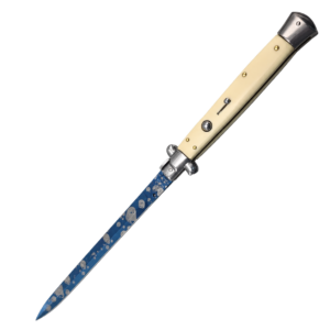 13 inch Italiaanse stiletto - ivoren handgreep en blauw patroonblad